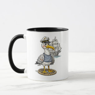 Seagull Sailor with Rope and Ship Background Mug
