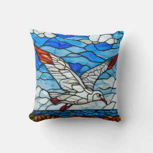 Seagull stained glass Coastal Ocean Bird Decorativ Throw Pillow