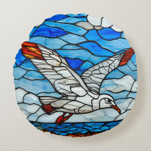 Seagull stained glass Colourful Artistic Bird Round Pillow