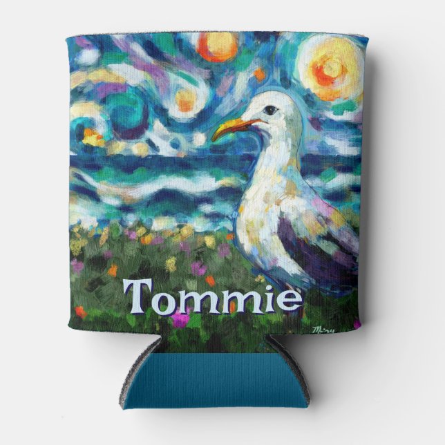 Seagull Van Gogh Style Beach Personalized Can Cooler (Front)