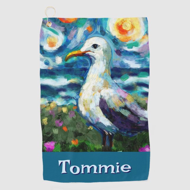 Seagull Van Gogh Style Beach Personalized Golf Towel (Front)
