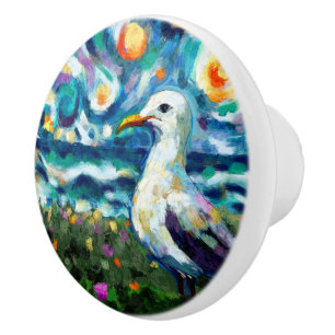 Seagull Van Gogh Style Beach Sky Blue Nautical Ceramic Knob