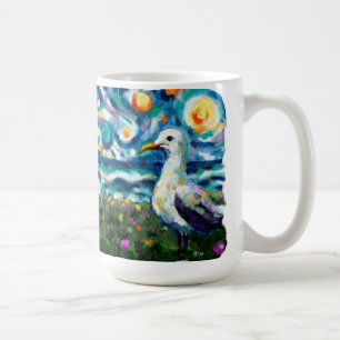 Seagull Van Gogh Style Beach Sky Blue Teal Coffee Mug