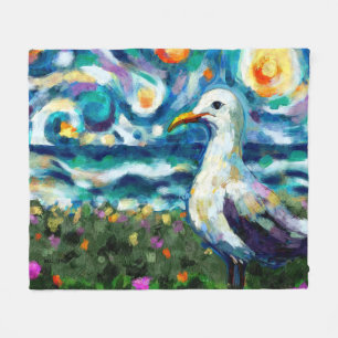Seagull Van Gogh Style Beach Sky Blue Teal  Fleece Blanket