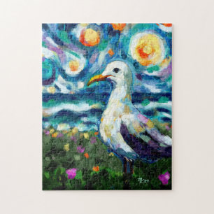 Seagull Van Gogh Style Beach Sky Blue Teal Jigsaw Puzzle