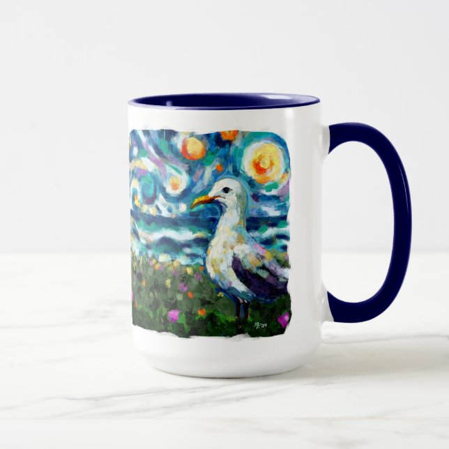 Seagull Van Gogh Style Beach Sky Blue Teal Mug (Right)