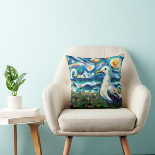 Seagull Van Gogh Style Beach Sky Blue Teal  Throw Pillow