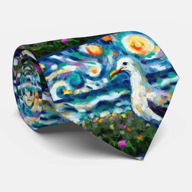 Seagull Van Gogh Style Beach Sky Blue Teal Tie (Rolled)
