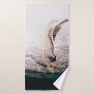 Seagull Waving Its Wings Near Sea Foam Shower Curt Bath Towel Set