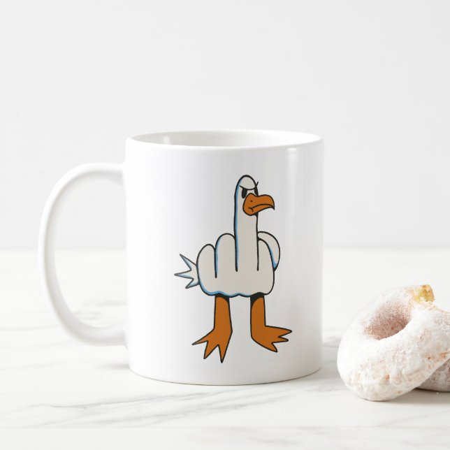 SEAGULL WITH MIDDLE FINGER BODY  COFFEE MUG (With Donut)