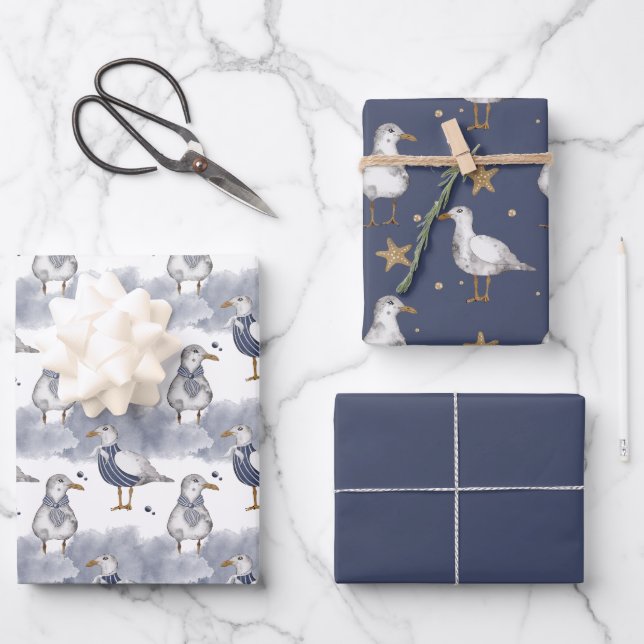 Seagulls and Starfish Gold Stars Nautical  Wrapping Paper Sheet (Front)