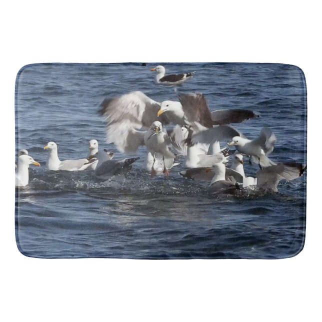 Seagulls Feeding on Sand Eels in Ocean Coastal Art Bath Mat (Front)