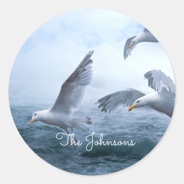 Seagulls Flight over the Sea Classic Round Sticker (Front)