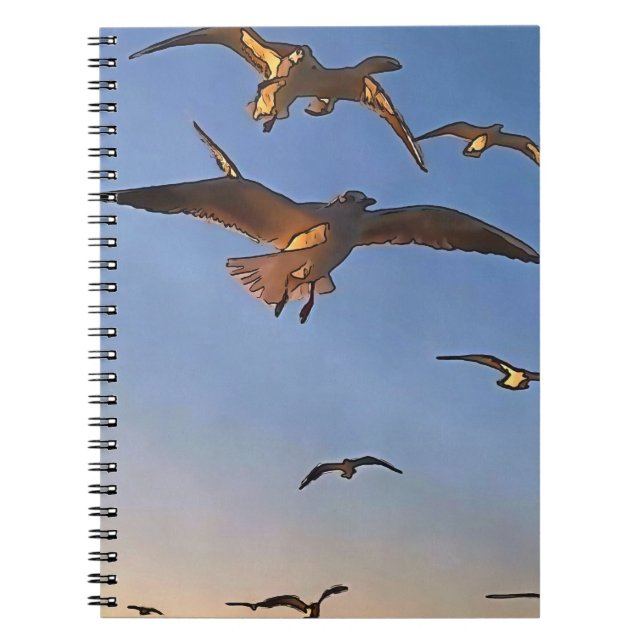 Seagulls In Flight Black Outline Art Notebook (Front)