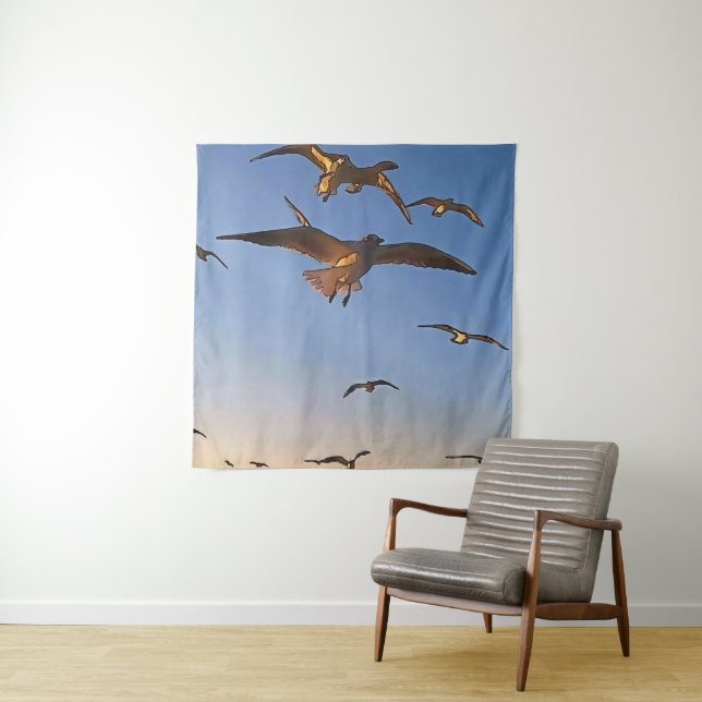 Seagulls In Flight Black Outline Art Tapestry (In Situ)