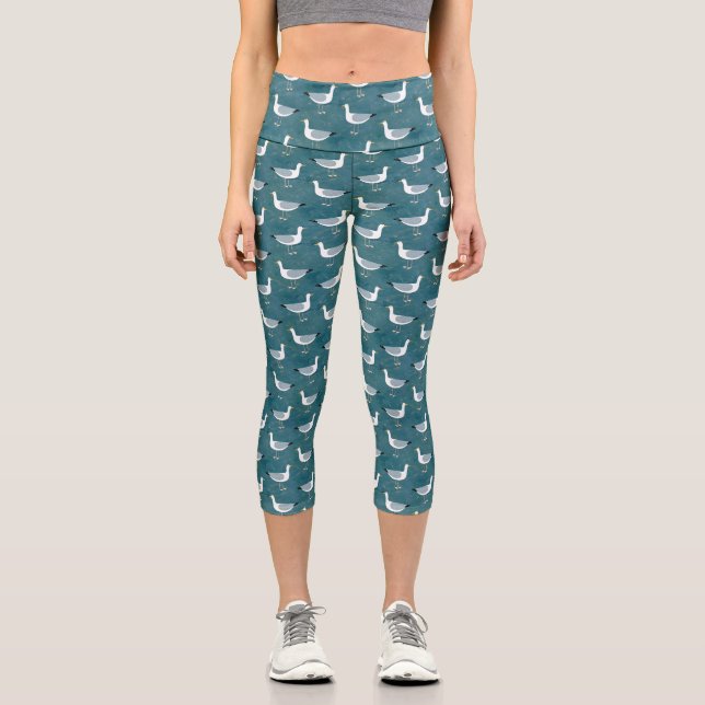 Seagulls Nautical Bird Capri Leggings (Front)