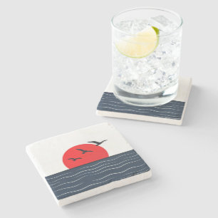 Seagulls on Red Sun with Ocean Stone Coaster