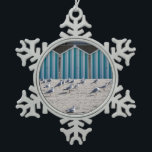 Seagulls on the beach of Fort Mahon in France. Snowflake Pewter Christmas Ornament<br><div class="desc">Black-headed Gull (Chroicocephalus ridibundus)  on the beach of Fort Mahon and beach cabins. Fort-Mahon-Plage is a commune in the Somme department in Hauts-de-France in northern France.</div>
