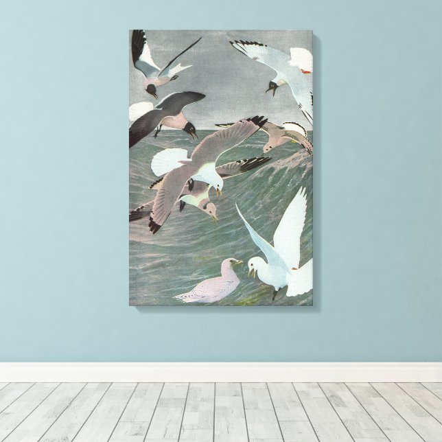 Seagulls Over Ocean Waves by Louis Agassiz Fuertes Canvas Print (Insitu(Wood Floor))