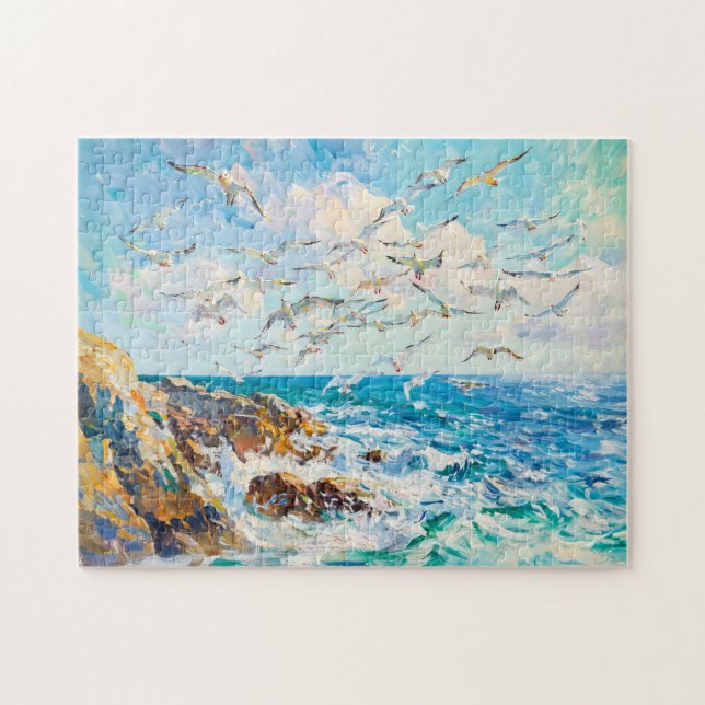 Seagulls Over Waves Impressionist Ocean Scene Jigsaw Puzzle (Horizontal)