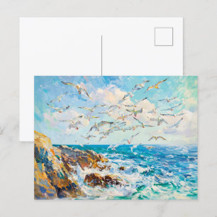 Seagulls Over Waves Impressionist Ocean Scene Postcard