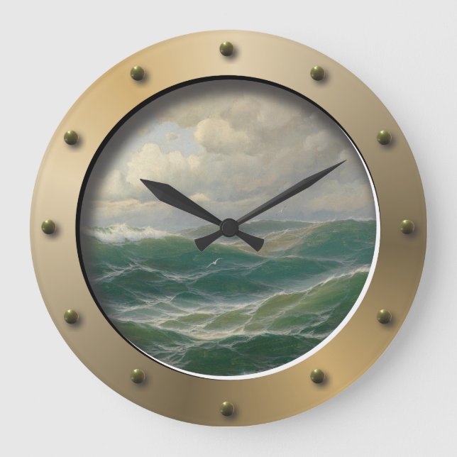 Seagulls Over Waves Nautical Art Ships Porthole Large Clock (Front)