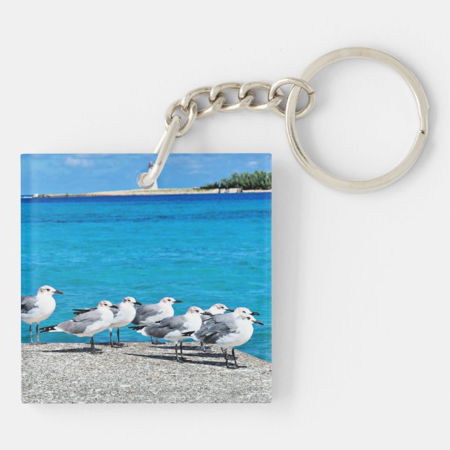 Seagulls, sandy beach, Nassau, Bahamas Keychain (Back)