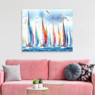 Seagulls Soaring With a Sailboat Regatta Canvas Print