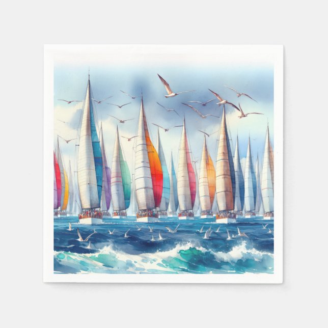 Seagulls Soaring With a Sailboat Regatta Napkin (Front)