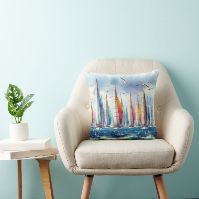 Seagulls Soaring With a Sailboat Regatta Throw Pillow (Chair)