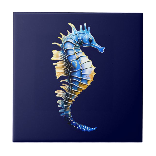 Seahorse 3D blue gold nautical marine aquatic chic Tile (Front)