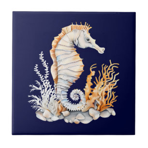 Seahorse 3D blue orange white aquatic marine beach Tile