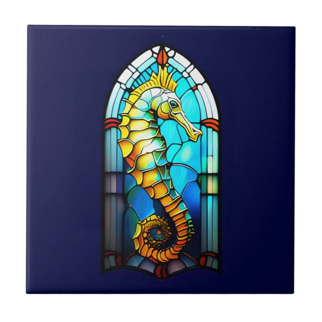 Seahorse 3D nautical stained glass window chic Tile (Front)