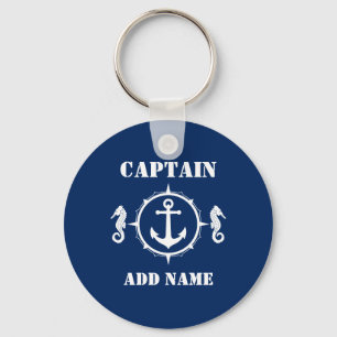 Seahorse Anchor Captain Add Name or Boat Name Blue Keychain
