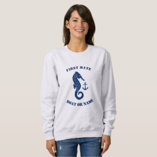 Seahorse Anchor First Mate Boat or Name Blue Gray Sweatshirt