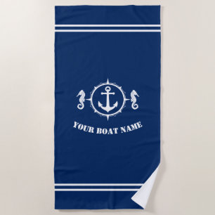 Seahorse Anchor with Boat Name on Navy Blue Beach Towel