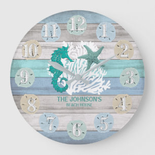 Seahorse and Beach Wood Nautical - Blue Teal Large Clock