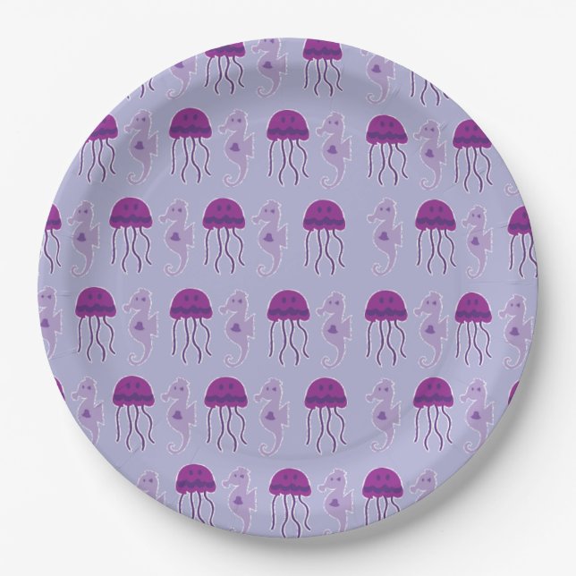 Seahorse and Jellyfish Purple Pattern Paper Plate (Front)