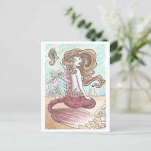 Seahorse and pink Mermaid Fantasy Art Postcard