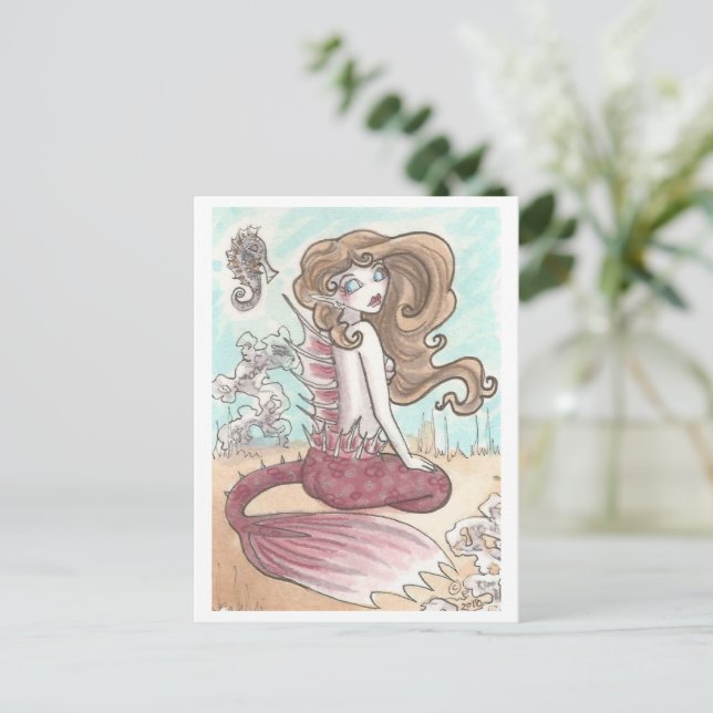 Seahorse and pink Mermaid Fantasy Art Postcard (Standing Front)