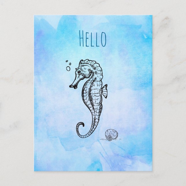 Seahorse and Seashell on Blue Watercolor Hello Postcard (Front)