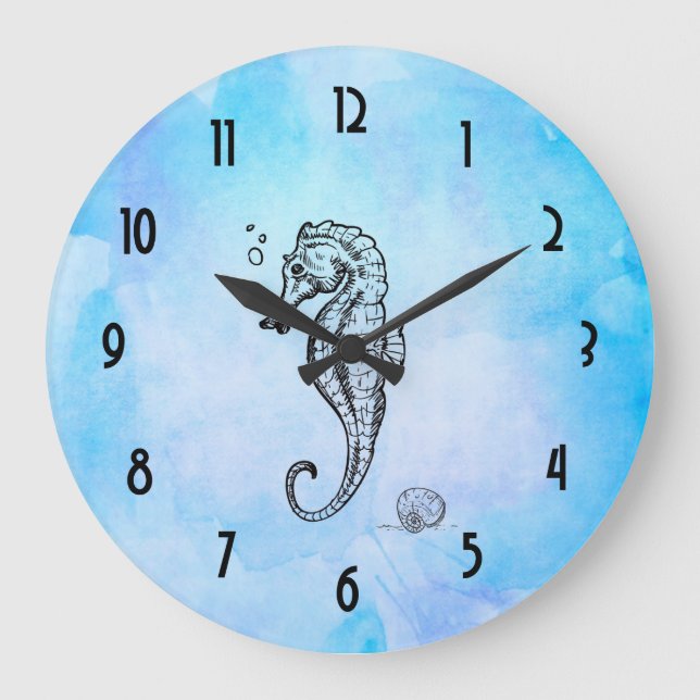 Seahorse and Seashell on Blue Watercolor Large Clock (Front)