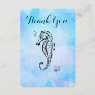 Seahorse and Seashell on Blue Watercolor Thank You Card