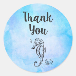 Seahorse and Seashell on Blue Watercolor Thank You Classic Round Sticker