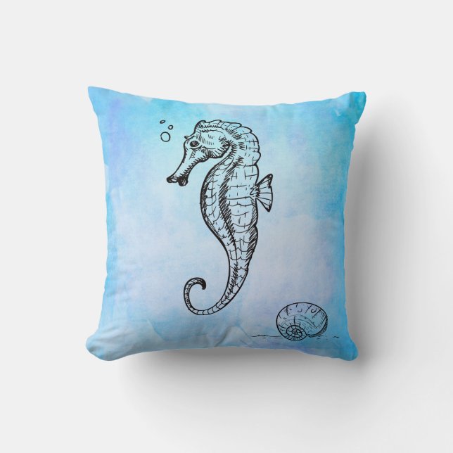 Seahorse and Seashell on Blue Watercolor Throw Pillow (Front)