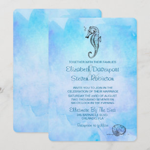 Seahorse and Seashell on Blue Watercolor Wedding Invitation