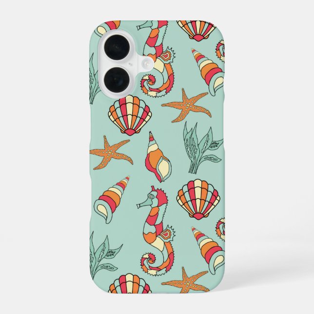 Seahorse and Seashell Pattern iPhone 16 Case (Back)