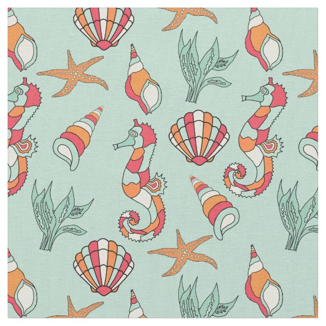 Seahorse and Seashell Pattern Teal Fabric (Close Up)