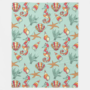 Seahorse and Seashell Pattern Teal Fleece Blanket