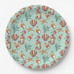 Seahorse and Seashell Pattern Teal Paper Plate